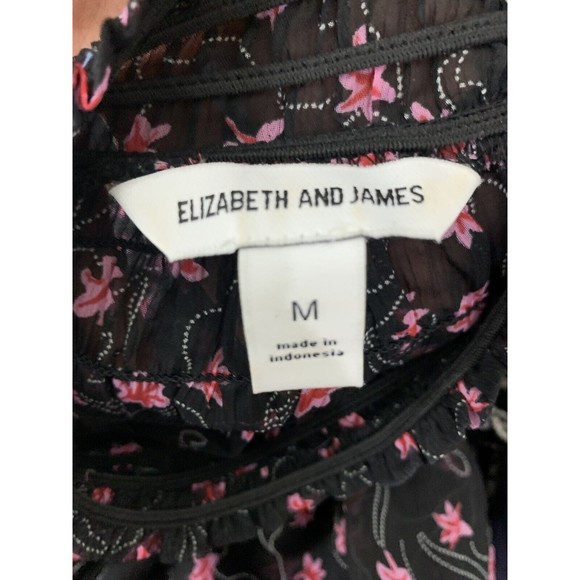 Elizabeth and James Blouse Sz M Woman’s High Neck Black Pink Floral Ribbed  Mesh - Picture 3 of 10